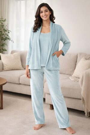 button down shirt & pyjama set in navy colour velour