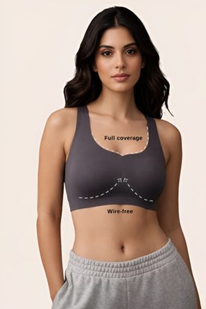 padded non wired full coverage seamless bonded slip on bra in dark grey