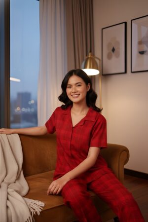 classic checks button down shirt & pyjama set in purple cotton